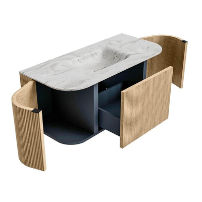 MONDIAZ KURVE-DLUX 100cm badmeubel met module 25 Len R kleur Oak met 1 lade en 2 deuren. Wastafel GRUNNE midden 1 kraangat kleur Glace.