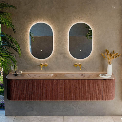 MONDIAZ KURVE-DLUX Meuble de salle de bains 200cm courbure Gauche + Droite couleur Ruby avec 2 tiroirs et 2 portes. Lavabo STOR SMALL Double sans trou de robinet Arena.