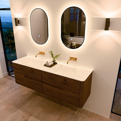 Mondiaz CIRO-DLUX Badkamermeubelset - 160x45x50cm - Solid surface wastafel Opalo - 2 wasbak Dubbel - zonder kraangaten - 4 lades - Dusk