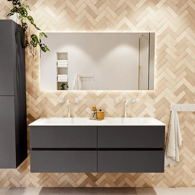MONDIAZ VICA Badkamermeubelset - 140cm - onderkast dark grey - 4 lades - wastafel cloud dubbel - 2 kraangaten - 60cm hoge versie - talc