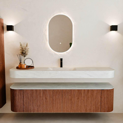 MONDIAZ THOR-DLUX 180cm meuble de salle de bains arrondi gauche + droite couleur Ruby avec 2 tiroirs et 2 portes. Vasque suspendue CLOUD Milieu 1 trou de robinet couleur Opalo.