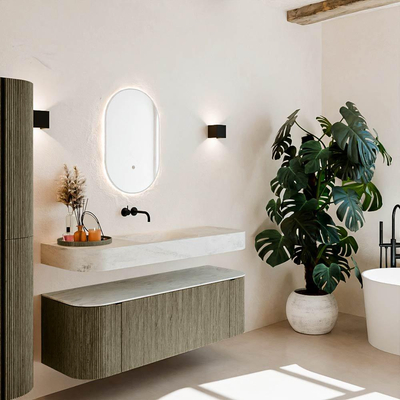 MONDIAZ THOR-DLUX Meuble de salle de bains 140cm arrondi gauche + droite couleur Shadow avec 1 tiroir et 2 portes. Vasque suspendue CLOUD Milieu sans trou de robinet couleur Opalo.