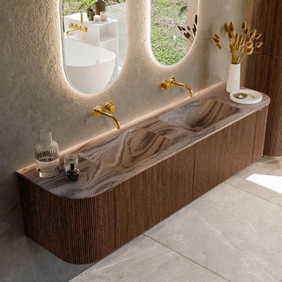 MONDIAZ KURVE-DLUX Meuble de salle de bains 180cm arrondi Gauche + Droite couleur Walnut avec 2 tiroirs et 2 portes. Plan-vasque LEAF Double sans trou de robinetterie Sombra.