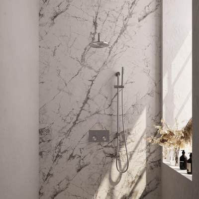 BRAUER Brushed Carving Douche de pluie thermostatique encastrée - boutons-poussoirs - SET 63 - pomme de douche 20cm - bras mural courbé - douchette barre - flexible de douche - barre de douche intégrée - inox brossé PVD