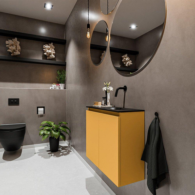 MONDIAZ TURE Toiletmeubel 60x23x50cm met 0 kraangaten 2 deuren ocher mat Wastafel Eden rechts Solid Surface Zwart