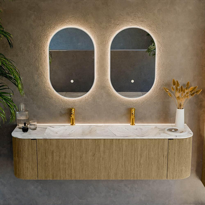 Mondiaz KURVE-DLUX Badkamermeubelset - 170x46x40cm - 1 lade - 2 deuren - wastafel solid surface - dubbel - 2 kraangaten - Dusk