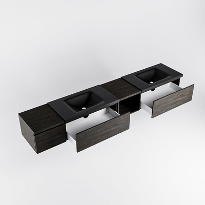 MONDIAZ BUKLA 240cm ensemble de meuble avec module ouvert 40 à droite couleur Marron Foncé avec 3 tiroirs. Lavabo CLOUD double 2 trous de robinet couleur Urban.