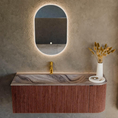 MONDIAZ KURVE-DLUX Meuble de salle de bains 125cm arrondi Droite couleur Ruby avec 1 tiroir et 1 porte. Lavabo BIG MEDIUM Gauche 1 trou de robinet Sombra.
