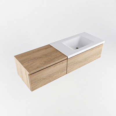 MONDIAZ BUKLA Meuble de salle de bains 140 cm avec module 60 couleur Washed Oak avec 2 tiroirs. Lavabo CLOUD à droite 0 trous de robinet couleur Talc.