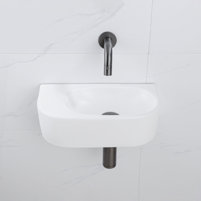QeramiQ Fuente Ensemble de Lavabo - 40x21.5x12cm - lisse - demi-rond - céramique - ensemble de robinet gunmetal - bouchon de vidange - siphon abaissé - blanc mat