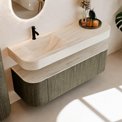 MONDIAZ THOR-DLUX 140cm meuble de salle de bains arrondi gauche + droite couleur Shadow avec 1 tiroir et 2 portes. Vasque suspendue CLOUD Gauche 1 trou de robinet couleur Meli.