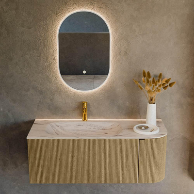 MONDIAZ KURVE-DLUX Meuble de salle de bains 115cm arrondi à droite couleur Dusk avec 1 tiroir et 1 porte. Lavabo BIG SMALL à gauche 1 trou de robinet Nata.