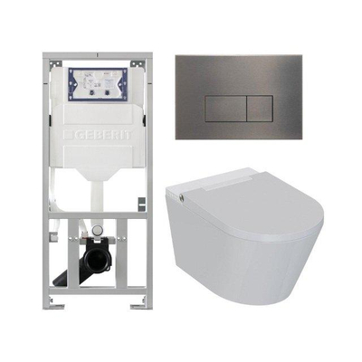 QeramiQ Luma Ensemble WC douche - Réservoir encastré Geberit UP320 - avec cadre Burda - sèche-cheveux - douchette féminine - plaque de commande gunmetal - boutons rectangulaires - blanc brillant