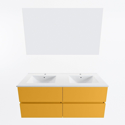 Mondiaz VICA ensemble de meuble de salle de bain - 120cm - meuble sous-vasque ocre - 4 tiroirs - lavabo denia double - 2 trous de robinet - couleur Blanc Brillant - miroir LED - version XL 60cm de haut