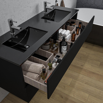 Saniclass Chaci Ensemble de meubles de salle de bains - 140x46x55cm - lavabo en céramique noir - 2 vasques - 2 trous de robinetterie - 4 tiroirs - noir mat