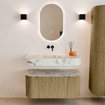 MONDIAZ THOR-DLUX 100cm meuble de salle de bains arrondi gauche + droite couleur Dusk avec 1 tiroir et 2 portes. Vasque suspendue CLOUD Milieu sans trou de robinet couleur Glace.