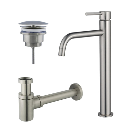 FugaFlow Eccelente Sobrado Badkamer Slim Wastafelkraanset - verhoogde wastafelkraan - always open plug - verlaagde design sifon - PVD Geborsteld RVS