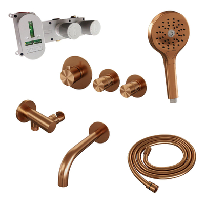 Brauer Copper Carving Robinet baignoire thermostatique bec 20cm avec douchette ronde 3 jets et support Cuivre brossé PVD