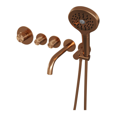 Robinet de baignoire encastré Brauer Copper Carving - ensemble de douche - sortie de 20 cm - avec partie encastrable - 3 boutons avec relief - douchette ronde 3 positions - PVD - cuivre brossé