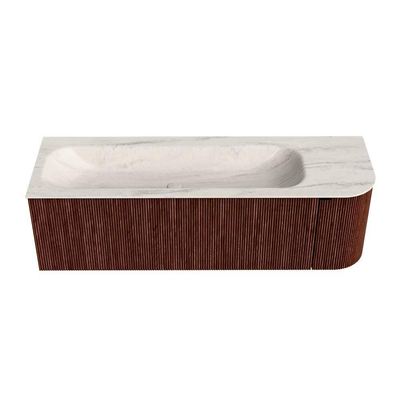 MONDIAZ KURVE-DLUX Meuble de salle de bains 145cm arrondi à droite couleur Ruby avec 1 tiroir et 1 porte. Lavabo BIG LARGE à gauche 1 trou de robinet Meli.