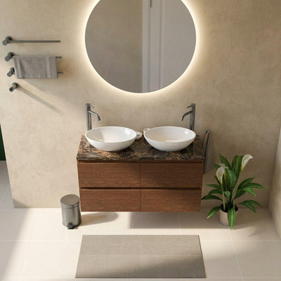 Saniclass Holz Pure Ensemble meuble de salle de bains - 120x45x63cm - Plan de travail en pierre naturelle Noche dark emperador - 2 trous de robinetterie - 4 tiroirs - walnut pure mat (bois)