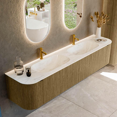 Mondiaz KURVE-DLUX Ensemble de meuble salle de bain - 200x46x40cm - 2 tiroirs - 2 portes - lavabo en solid surface - double - 2 trous de robinet - Dusk