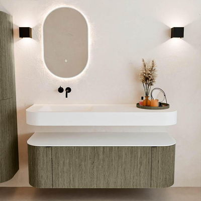 MONDIAZ THOR 140cm meuble de salle de bains arrondi gauche + droite couleur Shadow avec 1 tiroir et 2 portes. Vasque suspendue CLOUD Gauche sans trou de robinet couleur Talc.