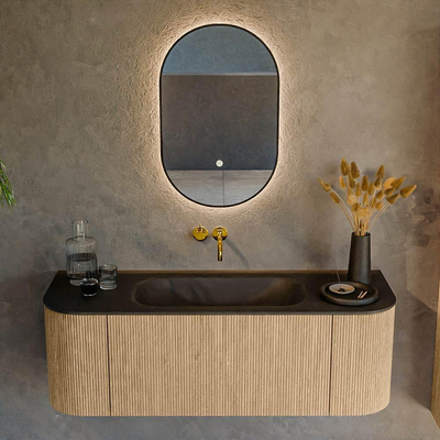 MONDIAZ KURVE 130cm Meuble salle de bain avec module 25 G et D - couleur Oak - 1 tiroir - 2 portes - vasque BIG SMALL centre - sans trous de robinet - Urban