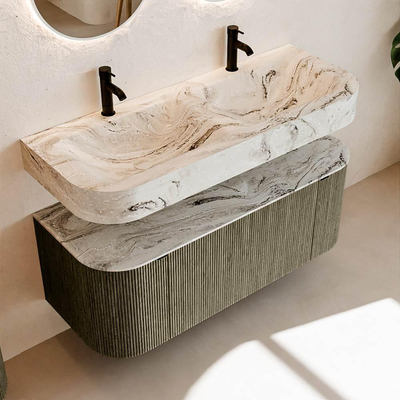 MONDIAZ THOR-DLUX 120cm meuble de salle de bains arrondi gauche + droite couleur Shadow avec 1 tiroir et 2 portes. Vasque suspendue CLOUD Double 2 trous de robinet couleur Glace.