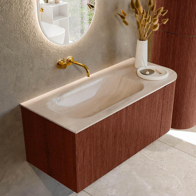 MONDIAZ KURVE-DLUX Meuble de salle de bains 105cm arrondi à droite couleur Ruby avec 1 tiroir et 1 porte. Lavabo BIG SMALL gauche sans trou de robinet Meli.