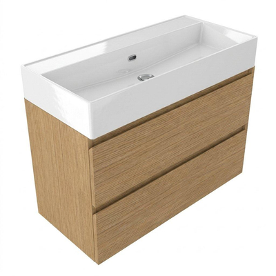 Saniclass Holz Pure Ensemble de meubles de salle de bains - 100x45x72cm - vasque en céramique Legend blanche - 1 vasque - 2 trous de robinetterie - 2 tiroirs - chêne natural mat (bois)