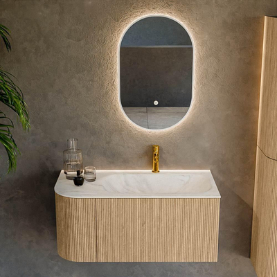 MONDIAZ KURVE-DLUX 95cm Meuble salle de bain avec module 25 G - couleur Oak - 1 tiroir - 1 porte - vasque BIG SMALL droite - 1 trou de robinet - couleur Ostra