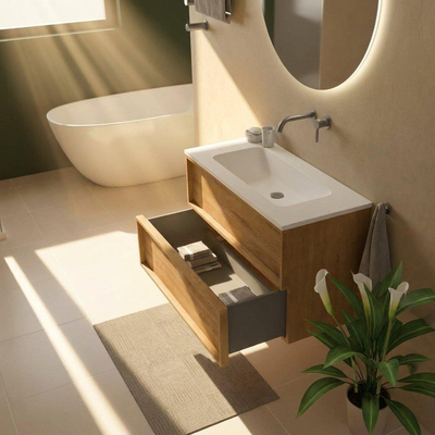 Saniclass Holz Frame Ensemble de meubles de salle de bains - 100x45x77.5cm - lavabo Torino en solid surface blanc - sans trou de robinet - 2 tiroirs - chêne natural mat (bois)
