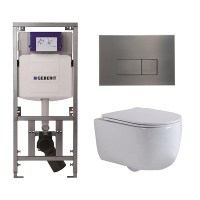 QeramiQ Dely Swirl Toiletset - 36.3x51.7cm - diepspoel - rimless - Geberit UP320 inbouwreservoir - met Burda frame - slim zitting - gunmetal bedieningsplaat - rechtehoekige knoppen - wit mat