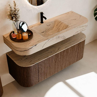 MONDIAZ THOR-DLUX 130cm meuble de salle de bains arrondi gauche + droite couleur Walnut avec 1 tiroir et 2 portes. Vasque suspendue CLOUD Milieu 1 trou de robinet couleur Arena.