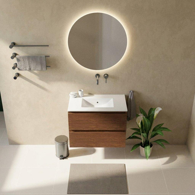 Saniclass Holz Pure Ensemble de meubles de salle de bains - 80x45x62cm - lavabo Vygo en céramique blanc - 1 vasque - sans trou de robinet - 2 tiroirs - walnut pure mat (bois)