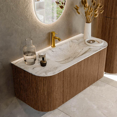 MONDIAZ KURVE-DLUX 110cm Meuble salle de bain avec module 25 G et D - couleur Walnut - 1 tiroir - 2 portes - vasque CLOUD centre - 1 trou de robinet - couleur Glace