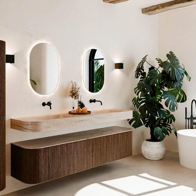 MONDIAZ THOR-DLUX Meuble de salle de bains - 190cm - arrondi gauche + droite - couleur Walnut - 2 tiroirs et 2 portes - Vasque suspendue CLOUD Double sans trou de robinet - couleur Saba