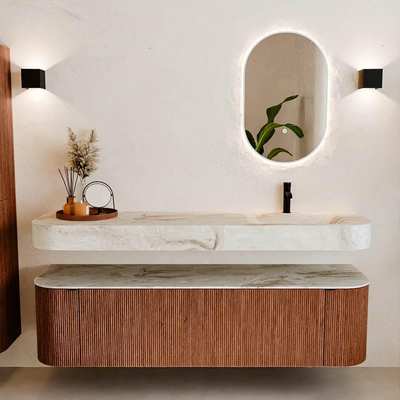 MONDIAZ THOR-DLUX 170cm meuble de salle de bains arrondi gauche + droite couleur Ruby avec 1 tiroir et 2 portes. Vasque suspendue CLOUD Droite 1 trou de robinet couleur Frappe.