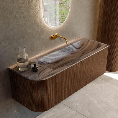 MONDIAZ KURVE-DLUX 125cm badmeubel ronding Links kleur Walnut met 1 lade en 1 deur. Wastafel BIG MEDIUM Rechts zonder kraangat Sombra.