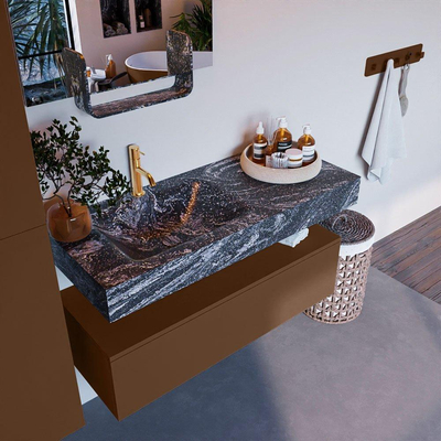 Mondiaz ALAN-DLUX Ensemble de meuble - 110cm - meuble Rust mat - 1 tiroir - Lavabo Cloud Lava suspendu - vasque Gauche - 1 trou de robinet