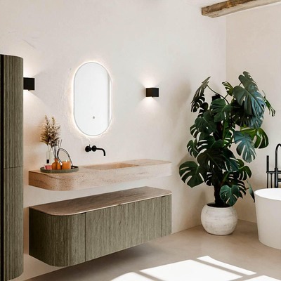 MONDIAZ THOR-DLUX 140cm meuble de salle de bains arrondi gauche + droite couleur Shadow avec 1 tiroir et 2 portes. Vasque suspendue CLOUD Milieu sans trou de robinet couleur Saba.