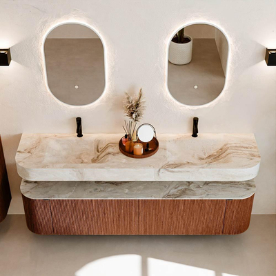 MONDIAZ THOR-DLUX Meuble de salle de bains 190cm arrondi gauche + droite couleur Ruby avec 2 tiroirs et 2 portes. Vasque suspendue CLOUD Double 2 trous de robinet couleur Frappe.