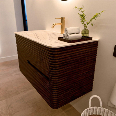 Mondiaz CIRO-DLUX Badkamermeubelset - 90x45x50cm - Solid surface wastafel Nata - 1 wasbak Midden - 1 kraangat - 2 lades - Walnut