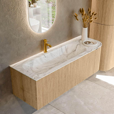 MONDIAZ KURVE-DLUX meuble de salle de bains 135cm avec module 25 R couleur Oak avec 1 tiroir et 1 porte. Lavabo BIG MEDIUM gauche 1 trou de robinet couleur Glace.