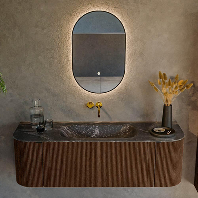 MONDIAZ KURVE-DLUX 140cm badmeubel met module 25 Len R kleur Walnut met 1 lade en 2 deuren. Wastafel BIG SMALL midden zonder kraangat kleur Lava.