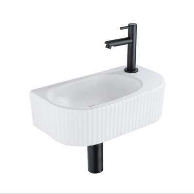 QeramiQ Fuente Ensemble de Lavabo - 40x21.5x12cm - droite - strié - demi-rond - 1 trou de robinet - céramique - ensemble de robinet noir mat - bouchon de vidange - siphon abaissé - blanc mat