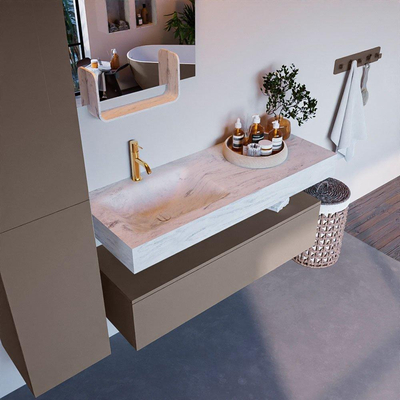 Mondiaz ALAN-DLUX Ensemble de meuble - 120cm - meuble Smoke mat - 1 tiroir - Lavabo Cloud Opalo suspendu - vasque Gauche - 1 trou de robinet