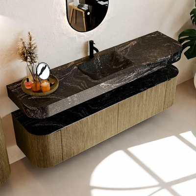 MONDIAZ THOR-DLUX 180cm meuble de salle de bains arrondi gauche + droite couleur Dusk avec 2 tiroirs et 2 portes. Vasque suspendue CLOUD Milieu 1 trou de robinet couleur Lava.