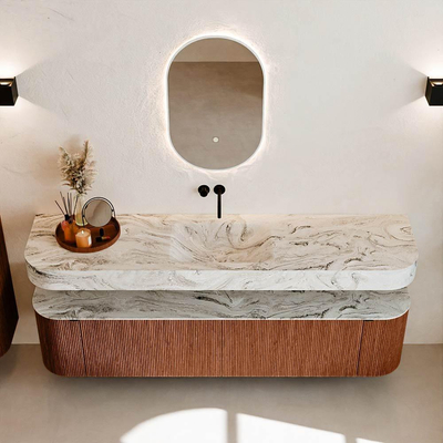 MONDIAZ THOR-DLUX Meuble de salle de bains - 190cm - arrondi gauche + droite - couleur Ruby - 2 tiroirs et 2 portes - Vasque suspendue CLOUD Milieu sans trou de robinet - couleur Glace